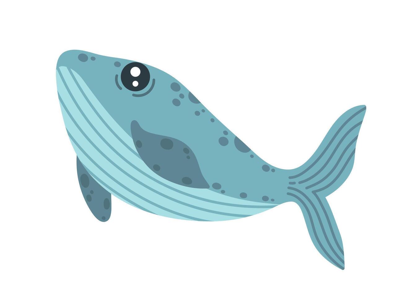 azul ballena vector ilustración. linda animal inmersiones, nada en el océano. un enorme manchado pescado con un a rayas barriga. marina mamífero, grande gracioso mascota. mano dibujado personaje, plano dibujos animados clipart para niños