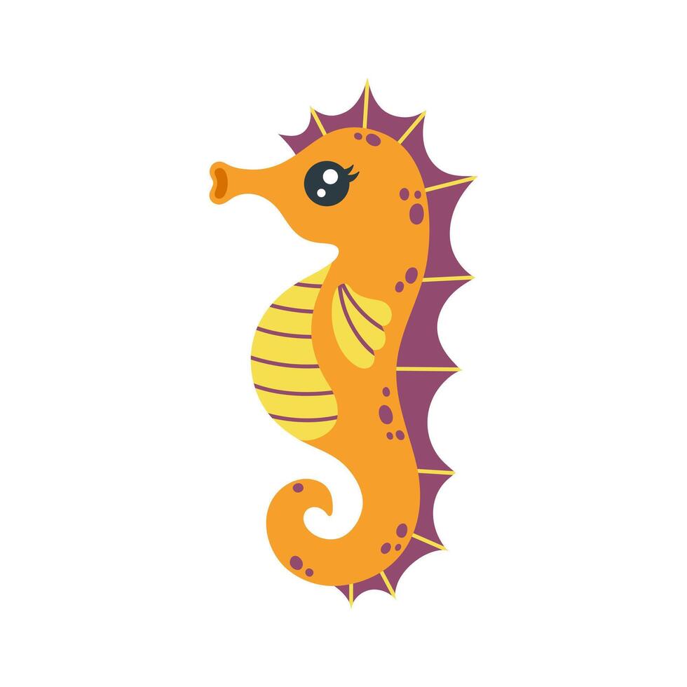 Seahorse vector illustration. Cute underwater animal with a curled tail, striped belly, fin. Funny aquarium pet, ocean fish. Hand drawn illustration. Flat cartoon clipart for kids. Isolated on white