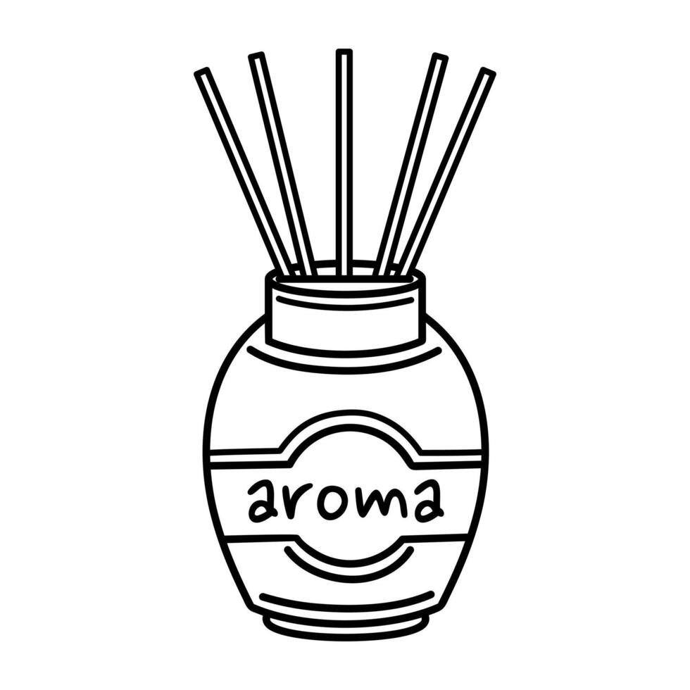 Aroma diffuser vector icon. Glass jar with a label, fragrant oil, bamboo sticks. Perfume for meditation, refreshment, aromatherapy. Hand drawn black doodle isolated on white. Clipart for print, web