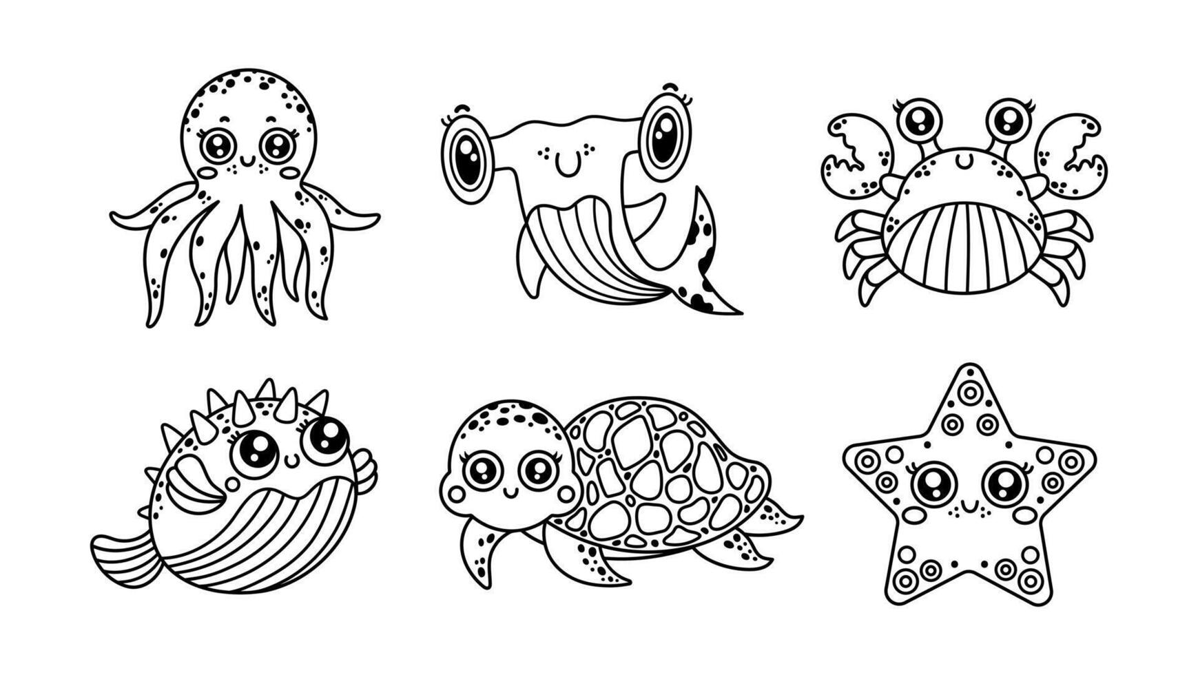 submarino animales vector colocar. simpático cangrejo, bebé tiburón, sonriente estrella de mar, gracioso Tortuga y pulpo, fumador pez. Oceano caracteres, acuario mascotas. sencillo garabatear, cómic colorante libro para niños, bebés