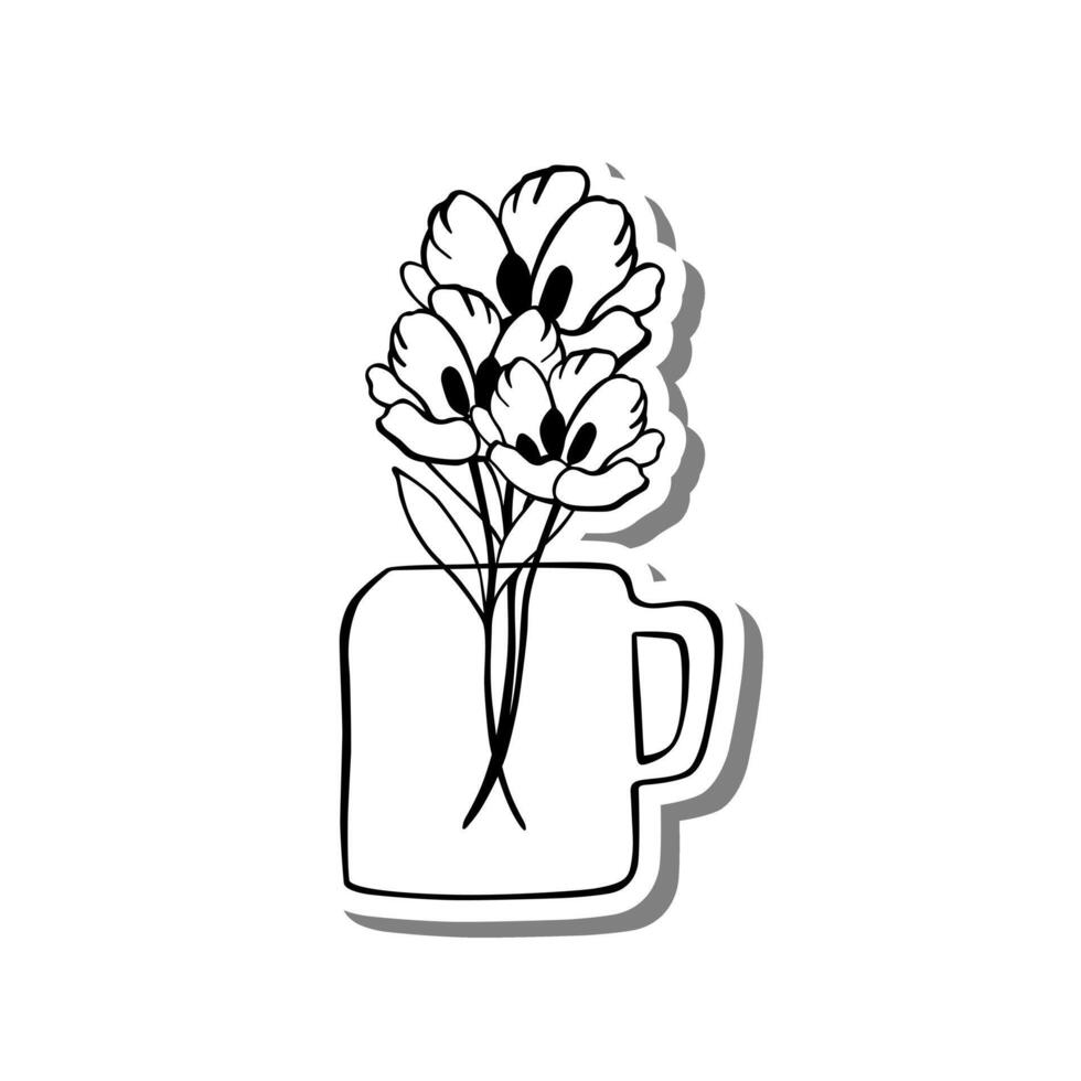Black line Flowers Leaves in Mug on white silhouette and gray shadow. Hand drawn cartoon style. Vector illustration for decorate and any design
