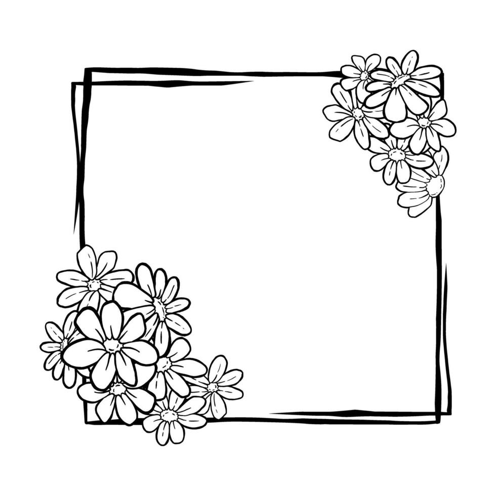 Black line Rectangle Frame with Daisy Flowers. Vector illustration for decorate logo, text, wedding, greeting cards and any design.