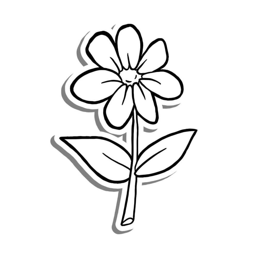 Black line Single Daisy Flower Bloom on white silhouette and gray shadow. Hand drawn cartoon style. Vector illustration for decorate, coloring and any design.