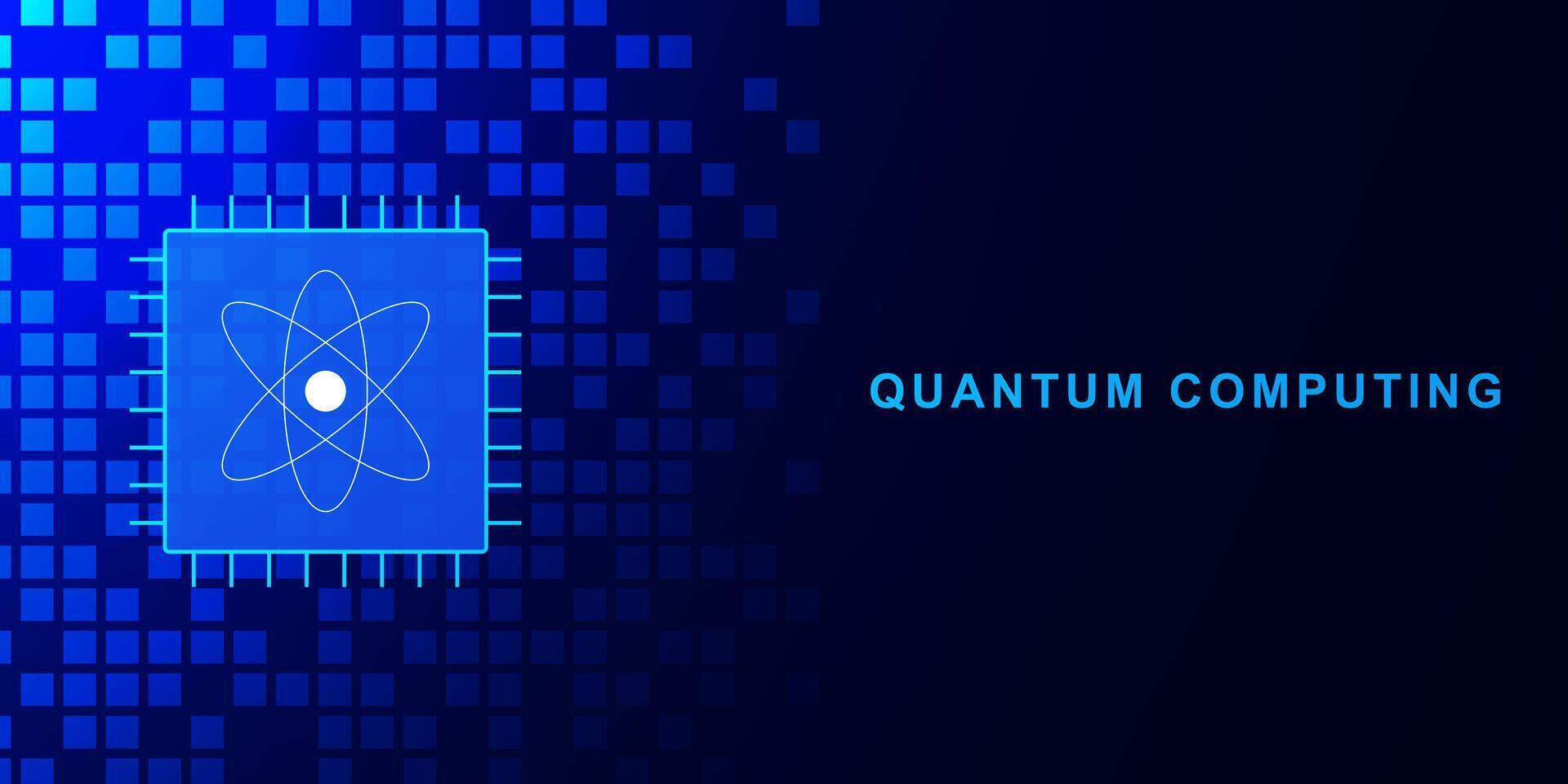 Quantum computing concept with microchip processor. Large data processing and database. Central computer processor CPU on blue technology background. Vector illustration.