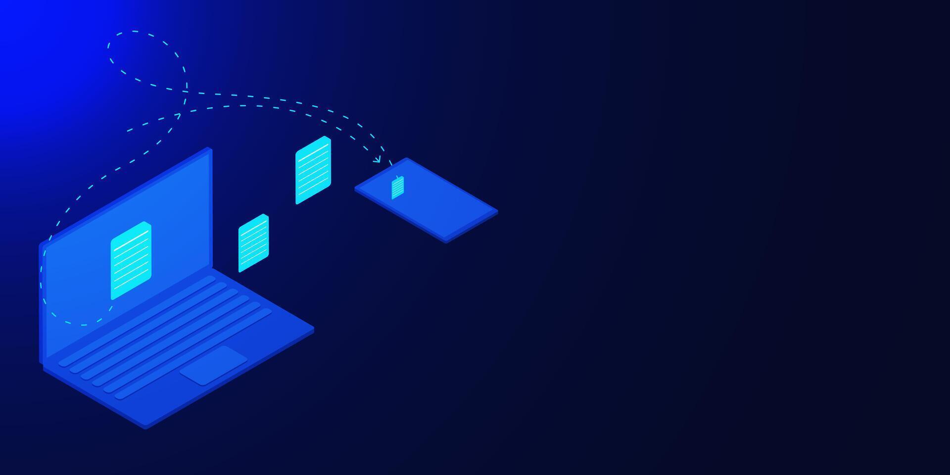 Futuristic device of laptop and smartphone with folders for networking and organizing files. Digital process of document interchange concept on dark blue background. Vector illustration.