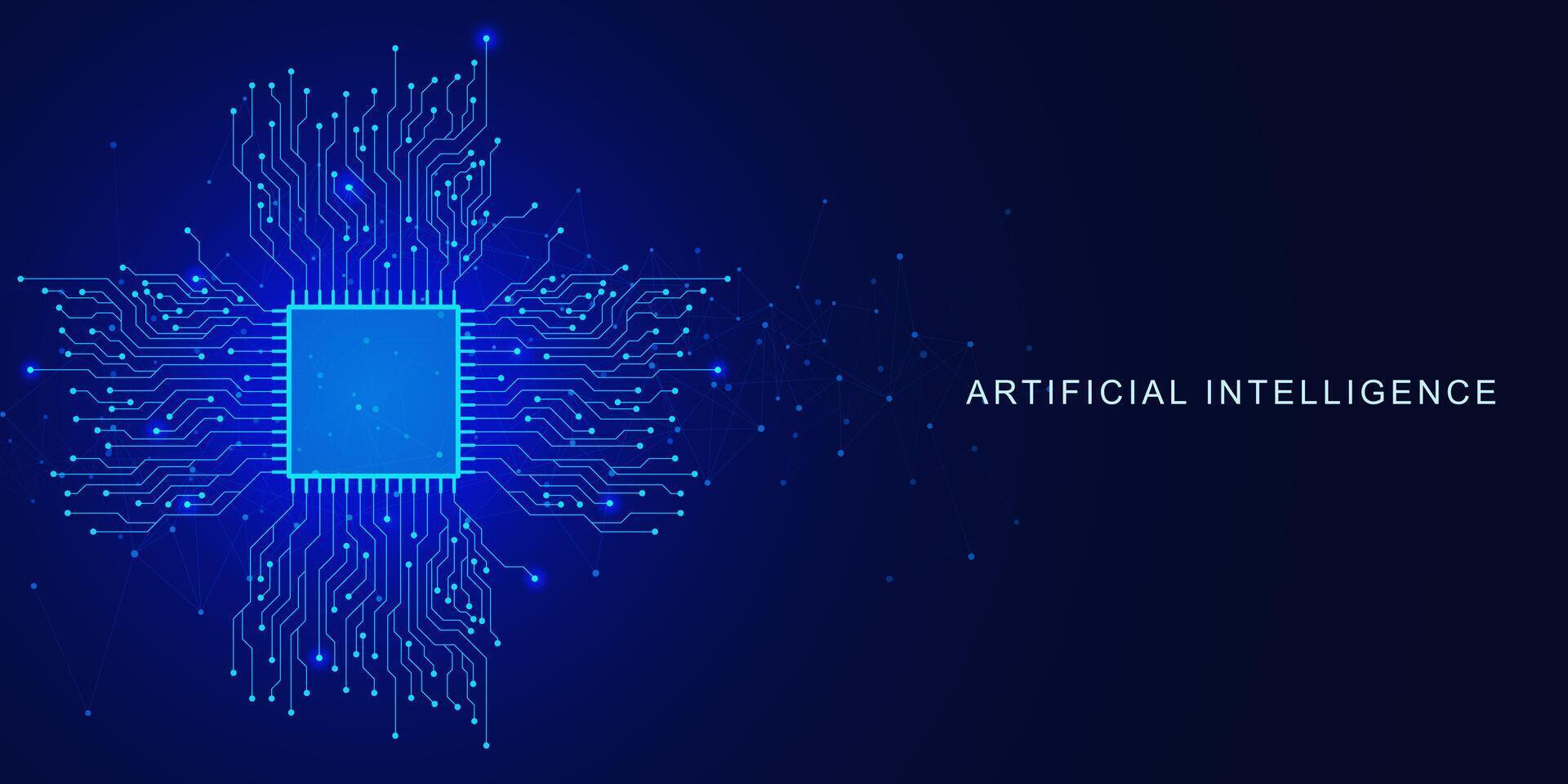 Circuit board with microchip or computer processor CPU for Artificial Intelligence concept. Large data processing and quantum computer on dark blue background. Vector illustration.