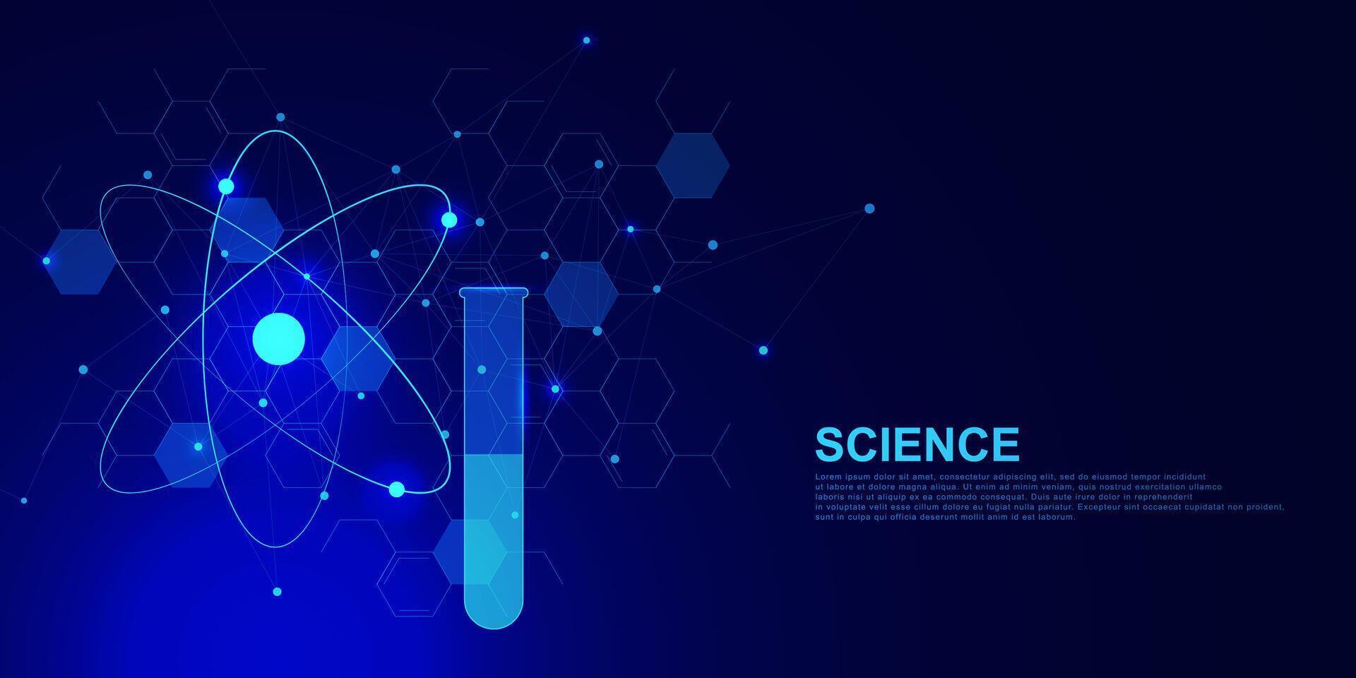 Ciencias y química concepto con átomo símbolo, molecular estructura y tubo en azul tecnología antecedentes. vector ilustración.