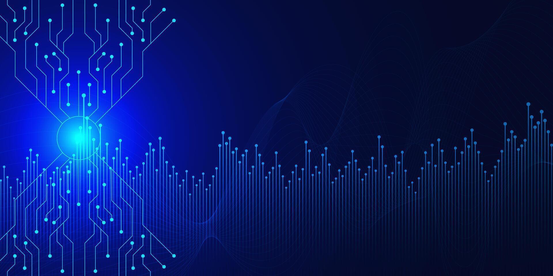 futurista electrónico circuito tablero. grande datos visualización. artificial inteligencia, red conexión, Ciencias y tecnología concepto en azul antecedentes. vector ilustración.