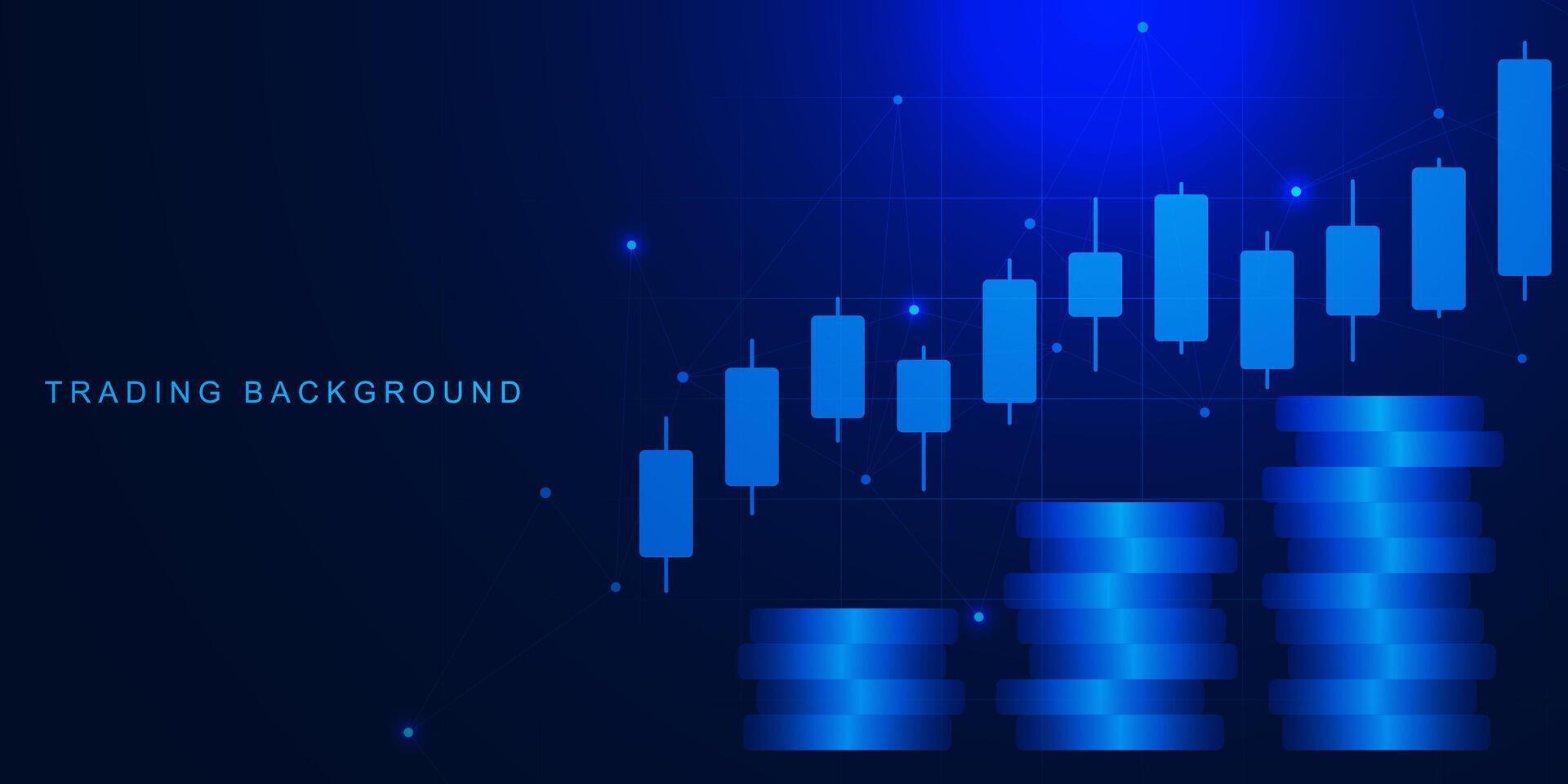 Stack of coins with stock market chart graph. Investment and analysis money profits. Business finance and forex trading concept on dark blue background. Vector illustration.