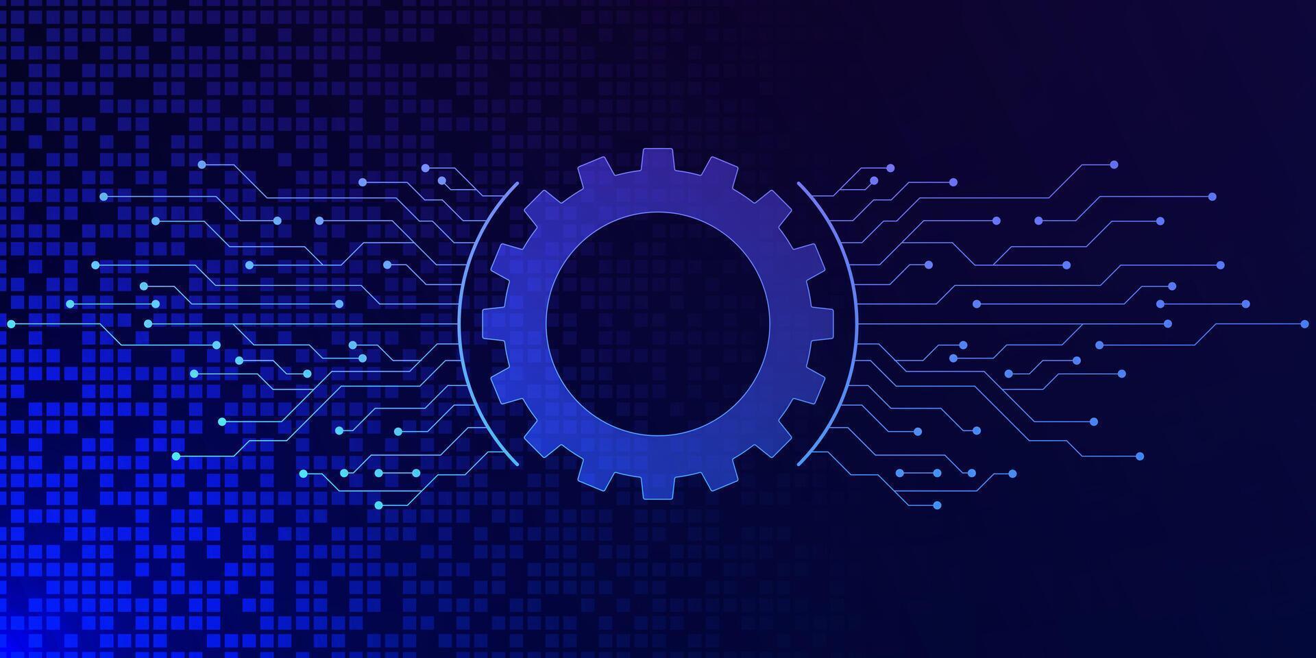 Futuristic gear with electronic circuit board and digital pixels on dark blue background. Hi-tech, digital telecoms and engineering concept. Vector illustration.