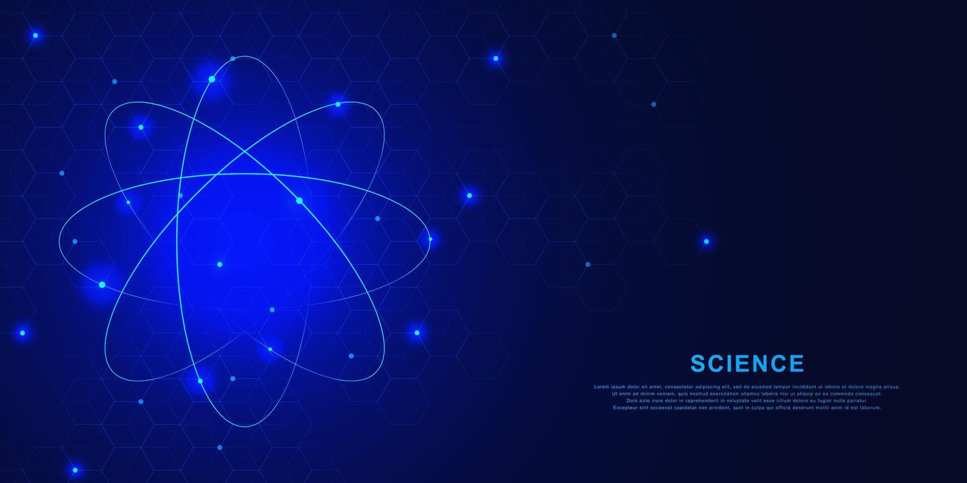 Nuclear atom hologram with molecular structure for science and technology concept on dark blue background. Vector illustration.