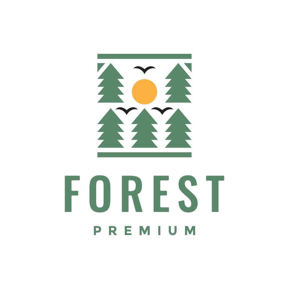 forest pines trees simple style with birds colony and sunset logo design vector icon illustration