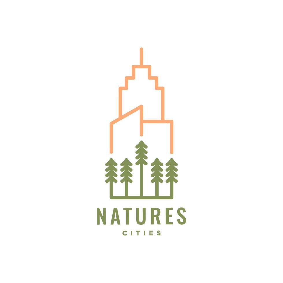 arboles bosque con edificio ciudad naturaleza línea estilo mínimo sencillo hipster logo diseño vector icono ilustración