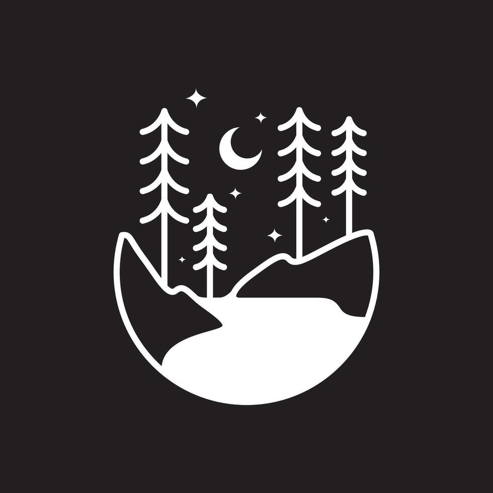 naturaleza al aire libre bosque río arboles noche creciente estrellas minimalista estilo línea pegatina logo diseño vector icono ilustración