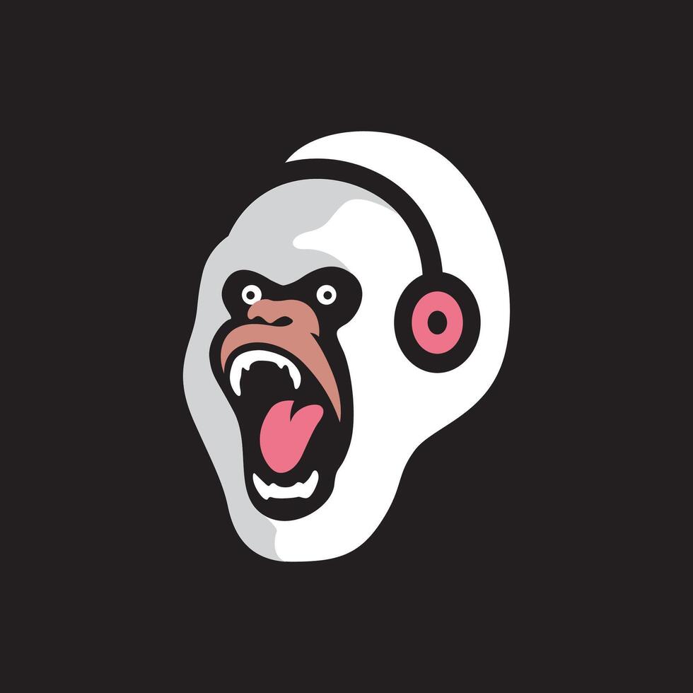 blanco gorila bestia primate escuchando auricular música mascota personaje dibujos animados vistoso logo diseño vector icono ilustración