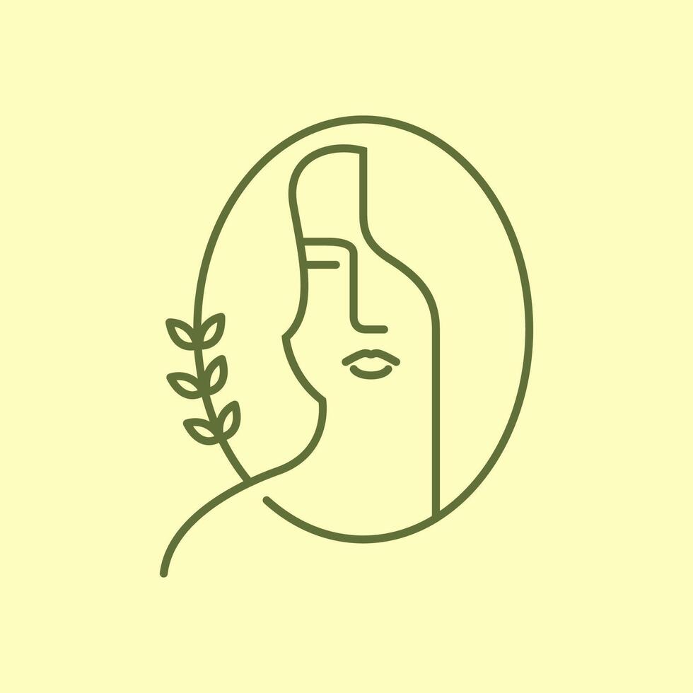 mujer retrato largo pelo belleza femenino oval hojas líneas sencillo estilo minimalista mascota pegatina logo diseño vector icono ilustración