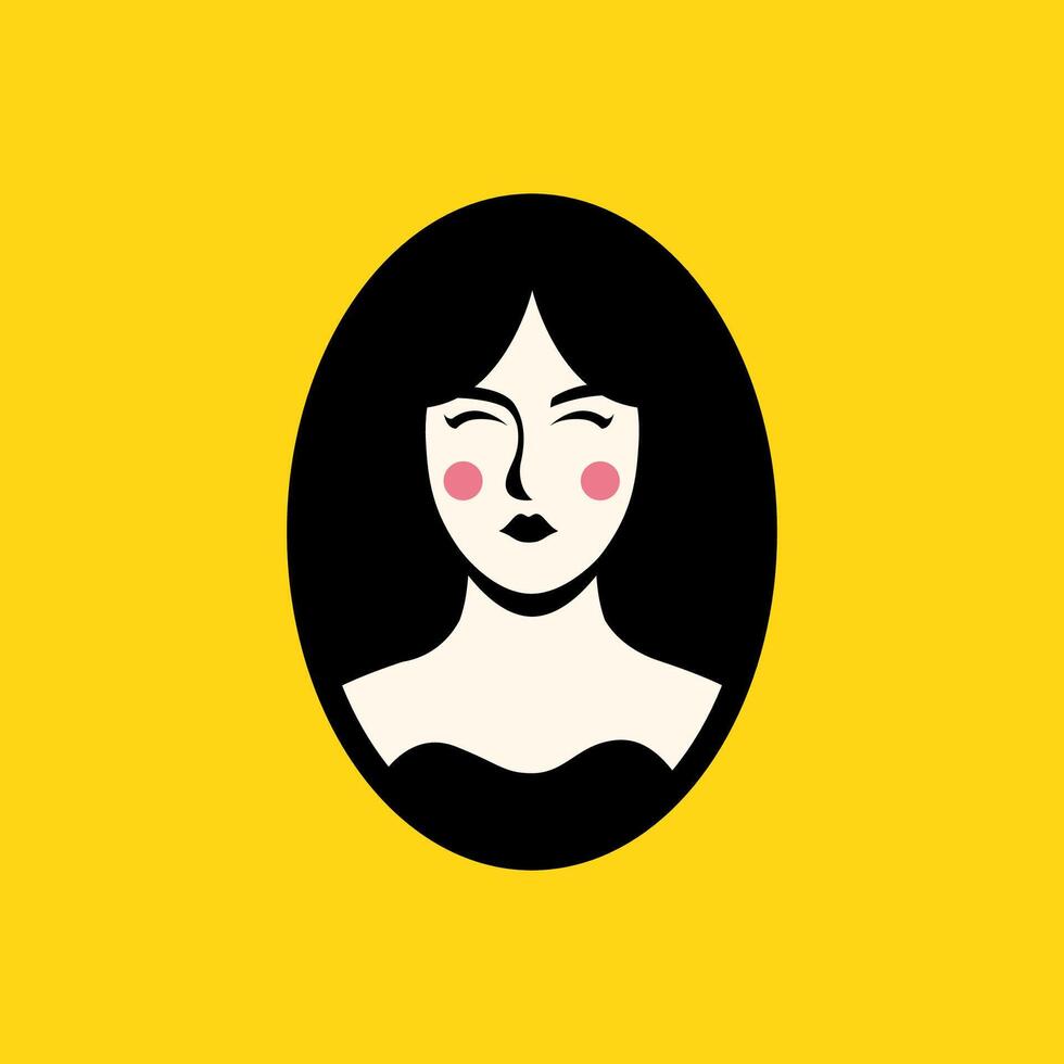 hermosa cara retrato mujer femenino negro pelo limpiar mascota moderno vistoso oval sencillo logo diseño vector icono ilustración