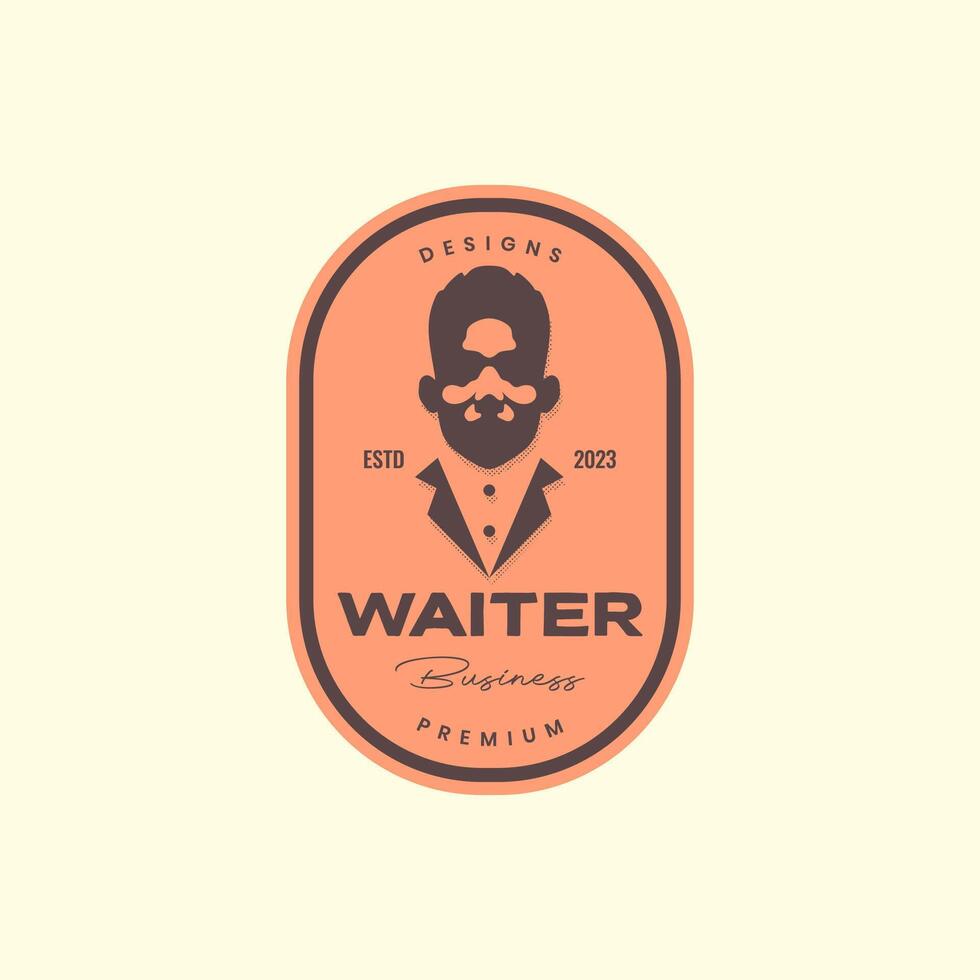 man portrait waiter dress mascot vintage retro badge logo design vector icon illustration