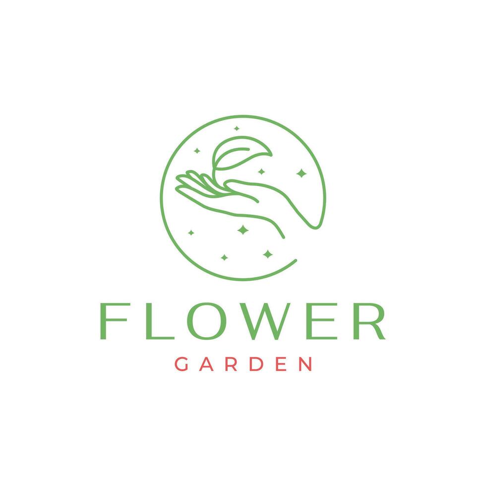 hand with leaves circle shape line style simple minimal feminine gardening florist logo design vector icon illustration