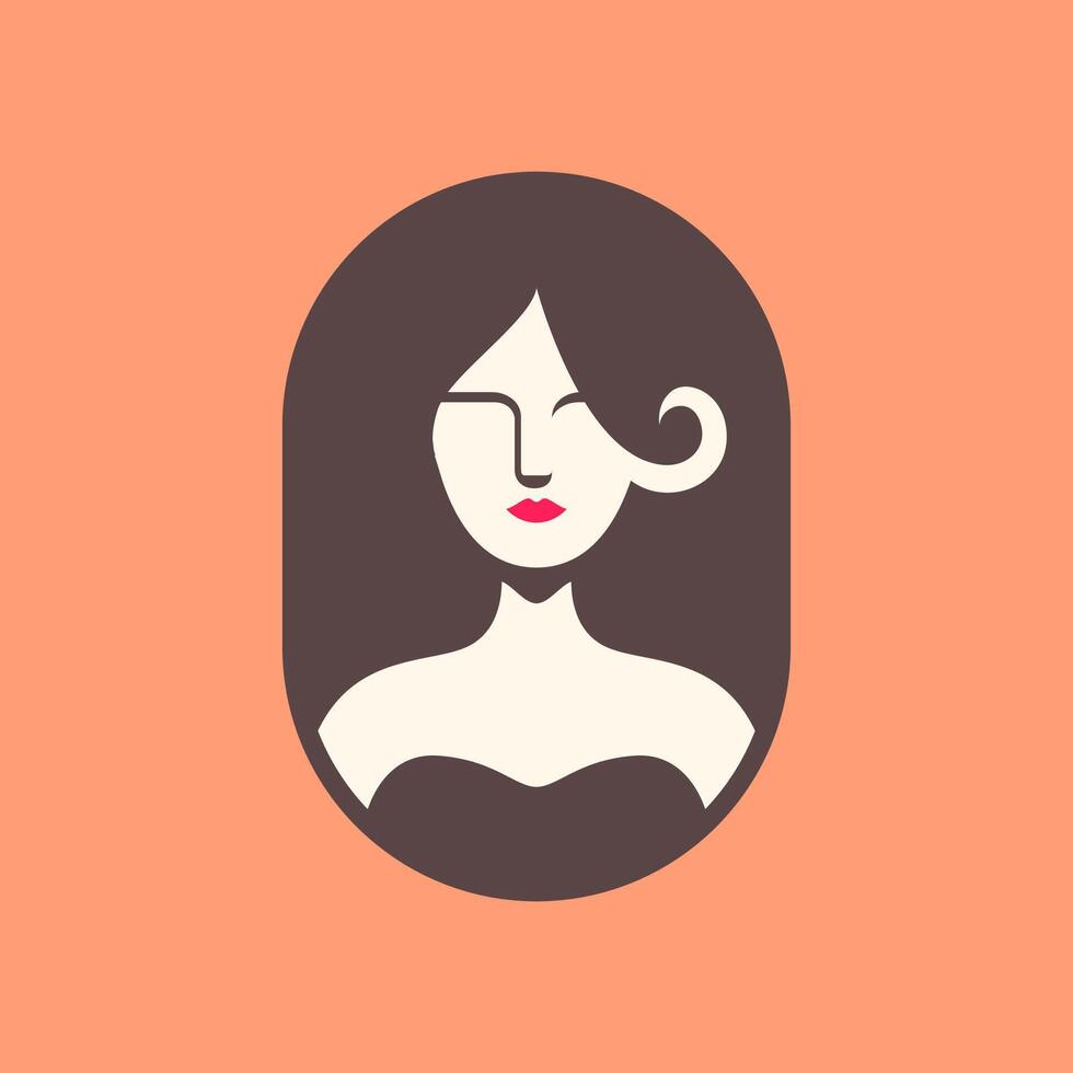 belleza mujer retrato largo pelo femenino redondeado forma mascota personaje dibujos animados vistoso logo diseño vector icono ilustración