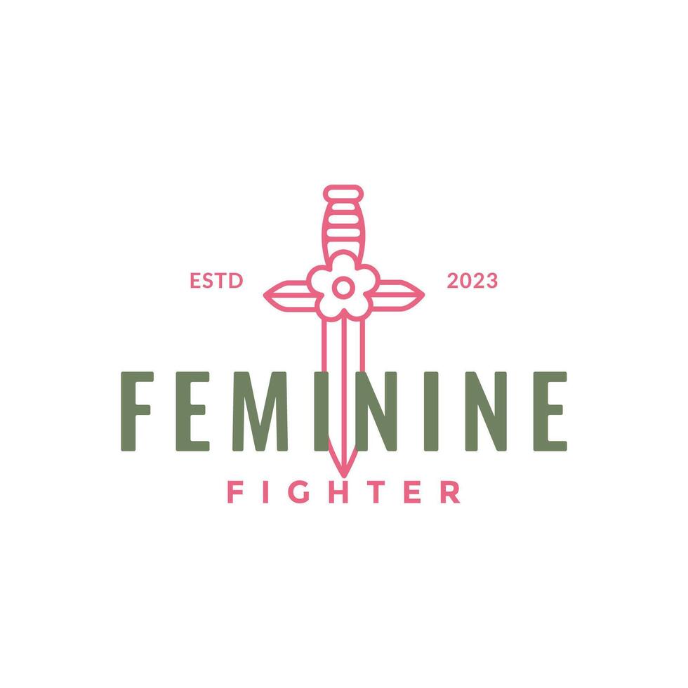 espada flor femenino combatiente línea estilo mínimo logo diseño vector icono ilustración