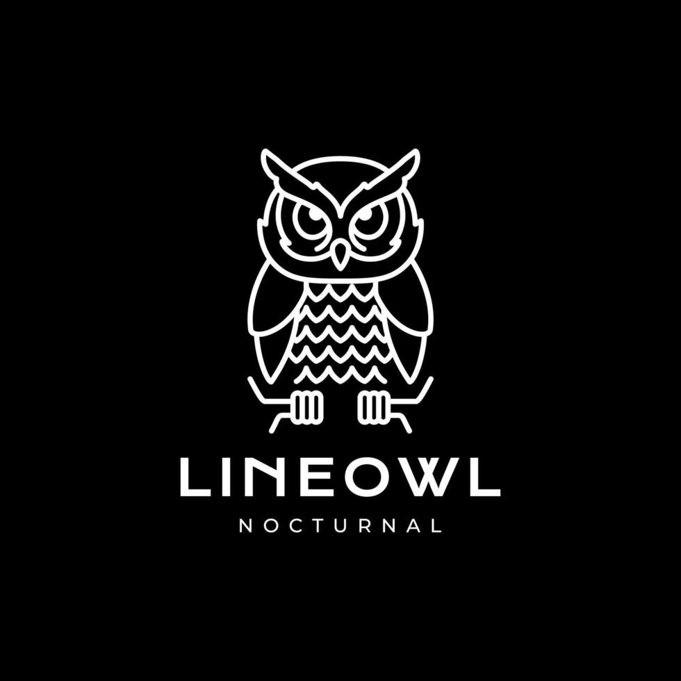 horned owl perched night line style minimal mascot character cartoon cute simple logo design vector illustration