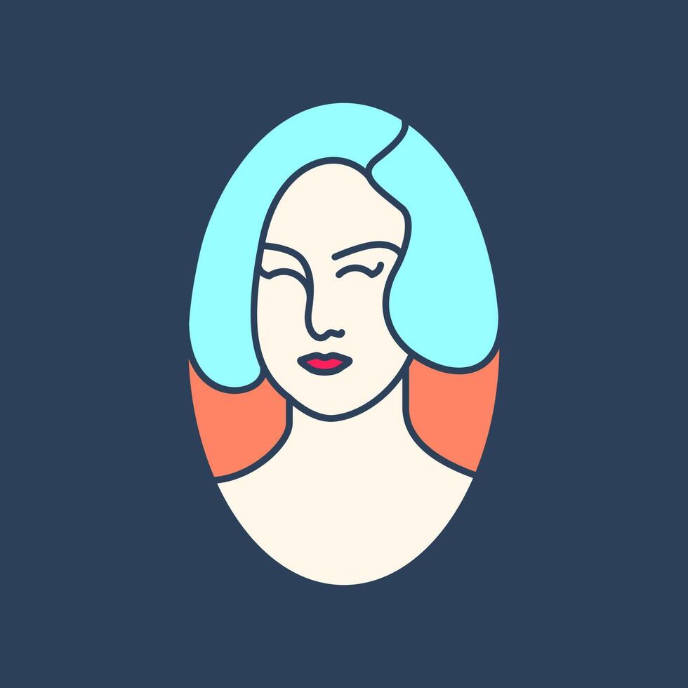 hermosa mujer rojo labios corto pelo sonrisa linda protección de la piel tratamiento retrato vistoso moderno mascota personaje dibujos animados logo diseño vector icono ilustración