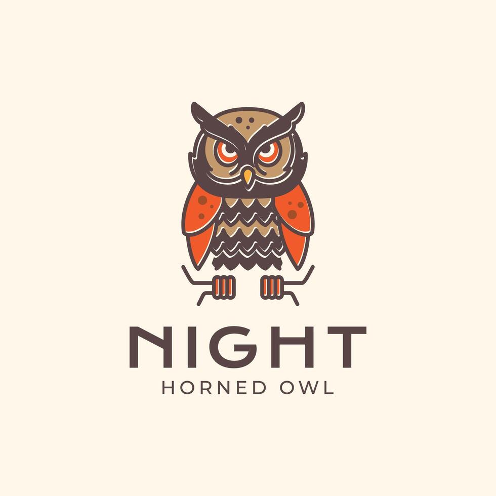 horned owl perched focus colorful modern mascot character cartoon cute vintage hipster logo design vector illustration