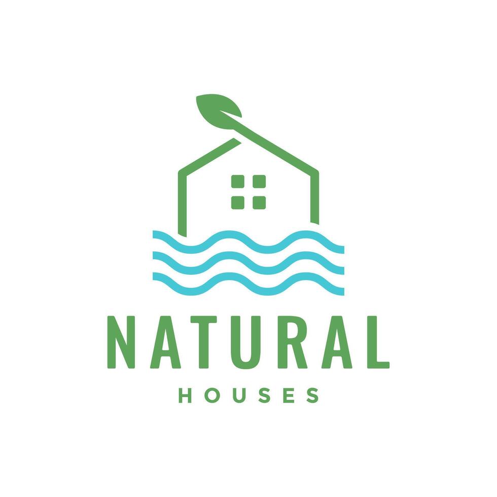 naturaleza casa con río pueblo mínimo limpiar plano exóticos línea estilo logo diseño vector icono ilustración