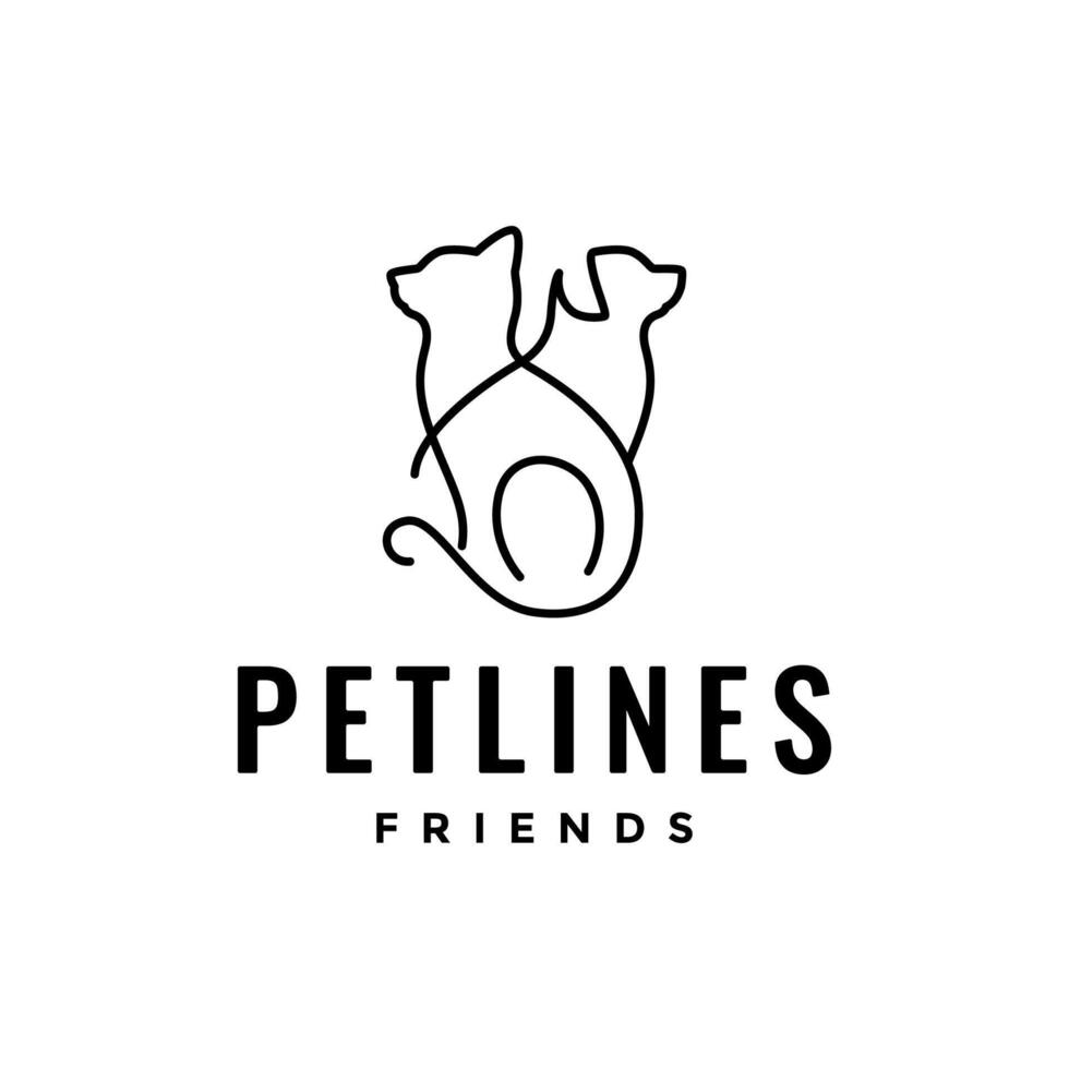 cat with dog friend line style modern minimal clean flat mascot character simple cartoon logo design vector icon illustration