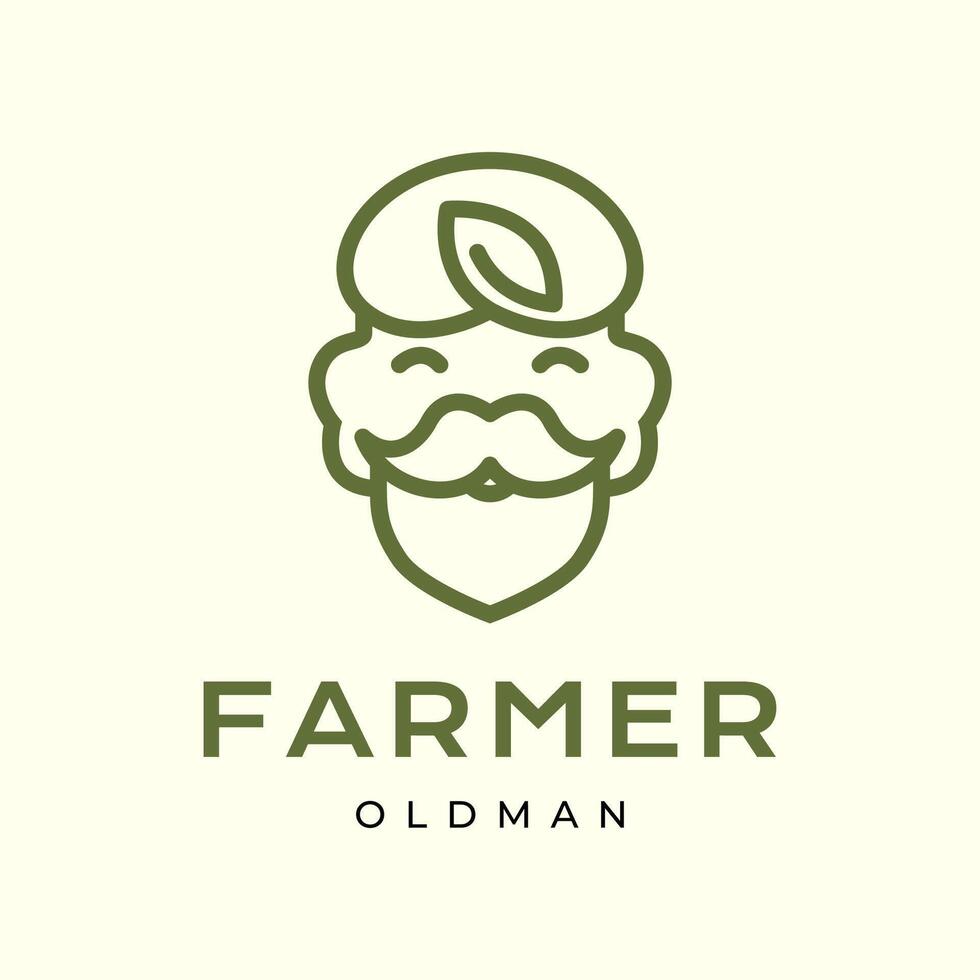 antiguo hombre cara retrato granjero barbado Bigote sonrisa mascota dibujos animados personaje línea estilo sencillo logo diseño vector icono ilustración