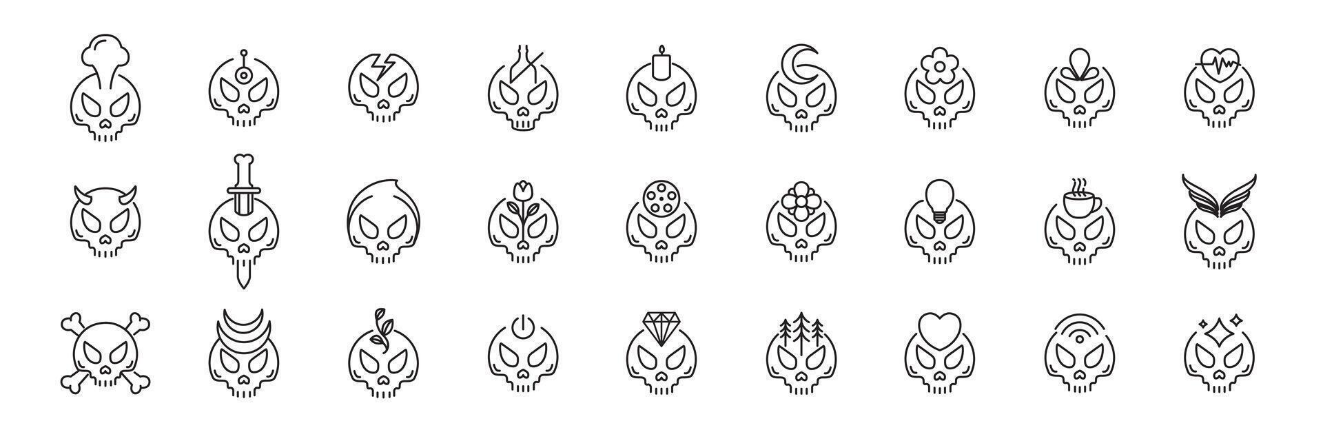 skull head skeleton bone cranium line style minimal icon set collection sign symbol logo design vector illustration