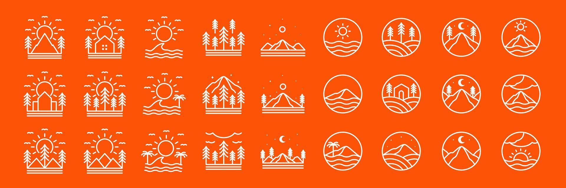 outdoor place mountain and beach line style minimal modern icon set collection sign symbol logo design vector illustration