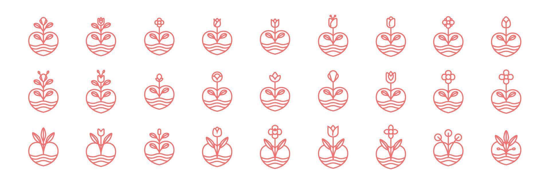 planta flores amante corazón colección botánico moderno línea estilo sencillo icono conjunto logo diseño vector ilustración