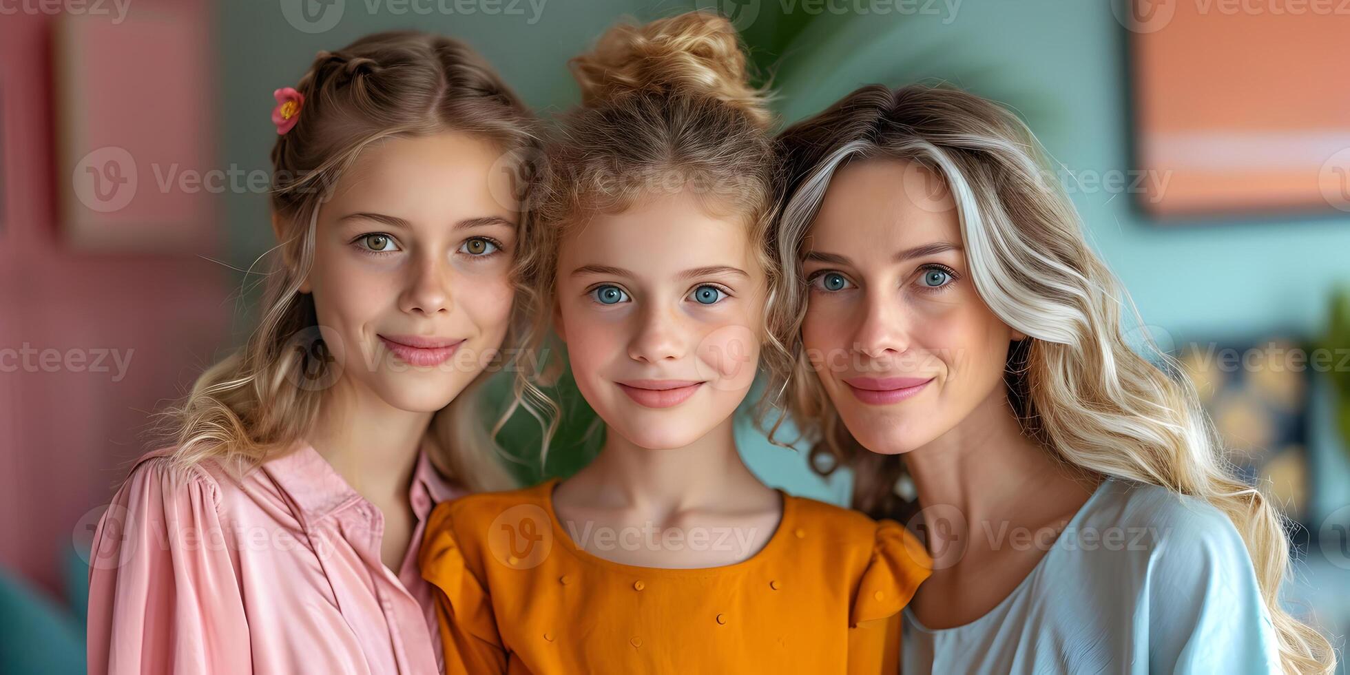 AI generated Portrait of mother and two daughter, happy family hugging with love, tenderness at home, bonding, smiling. Mother's or international women's day concept. photo