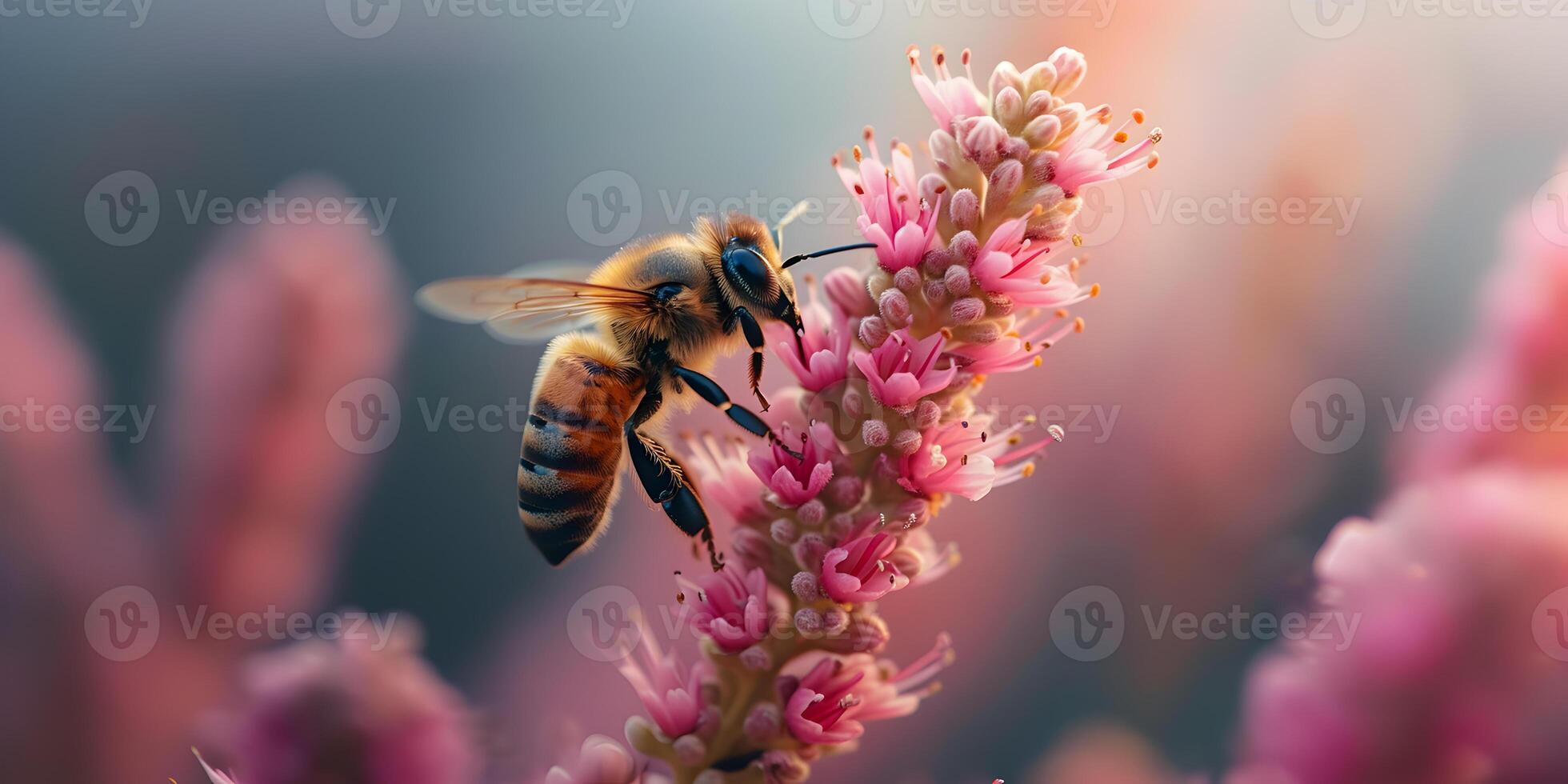AI generated Honey bee covered with yellow pollen collecting nectar from meadow flowers. Close-up banner, spring and summer background. Beekeeping, wildlife and ecology concept. photo