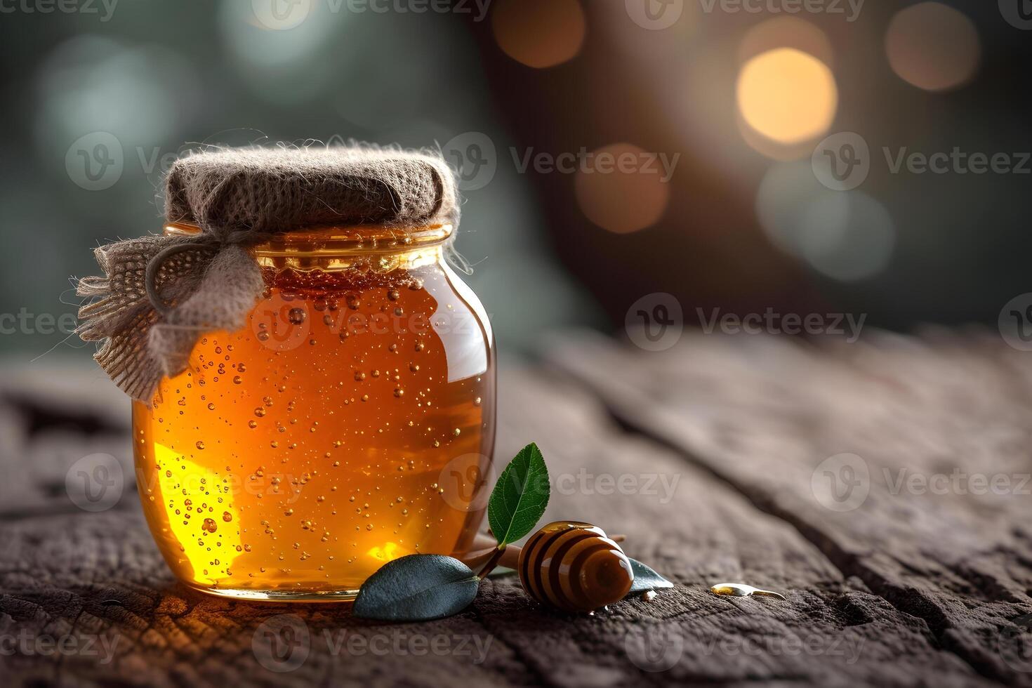 AI generated Honey jar with honey dipper or stick on wooden rustic table with copy space. Beekeeping, natural treatment for cough, strengthening the immune system and preventing colds concept. photo