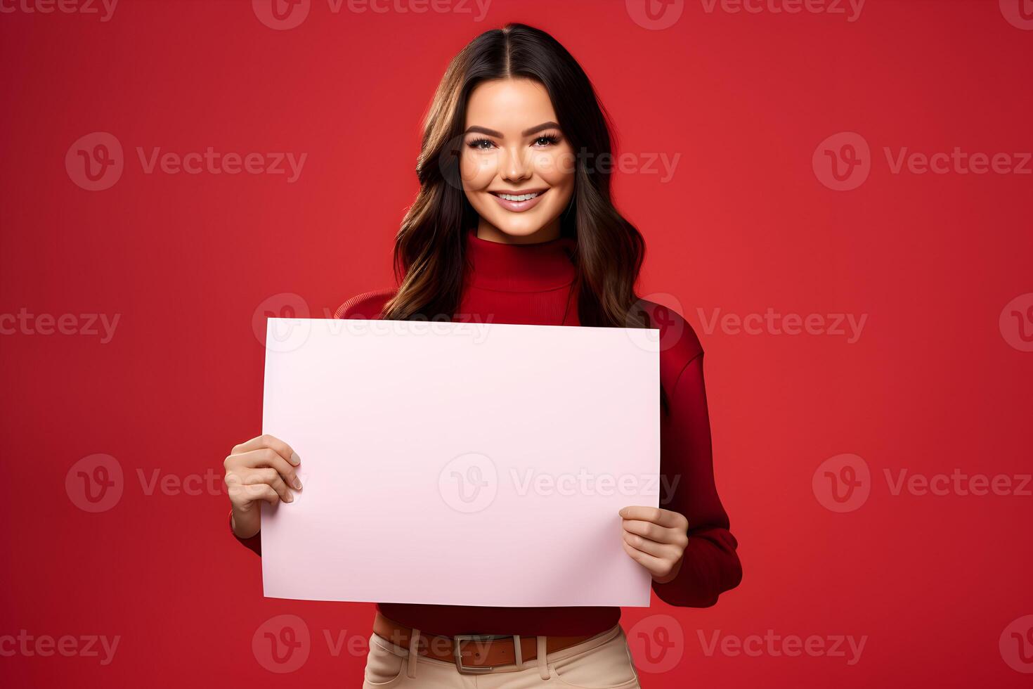 ai generado joven morena mujer participación un blanco cartel o vacío papel firmar bandera en su manos, en rojo antecedentes. diseño póster plantilla, impresión presentación Bosquejo. foto