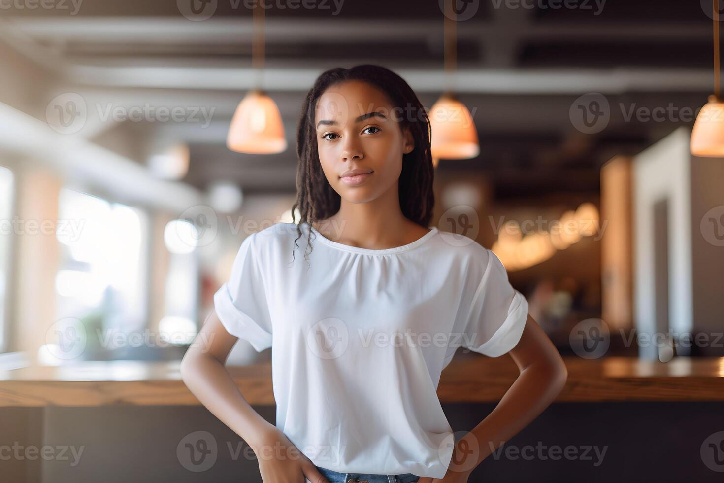 AI generated Young woman wearing bella canvas white t shirt and jeans, at a cozy restaurant on summers day. Design tshirt template, print presentation mockup. photo