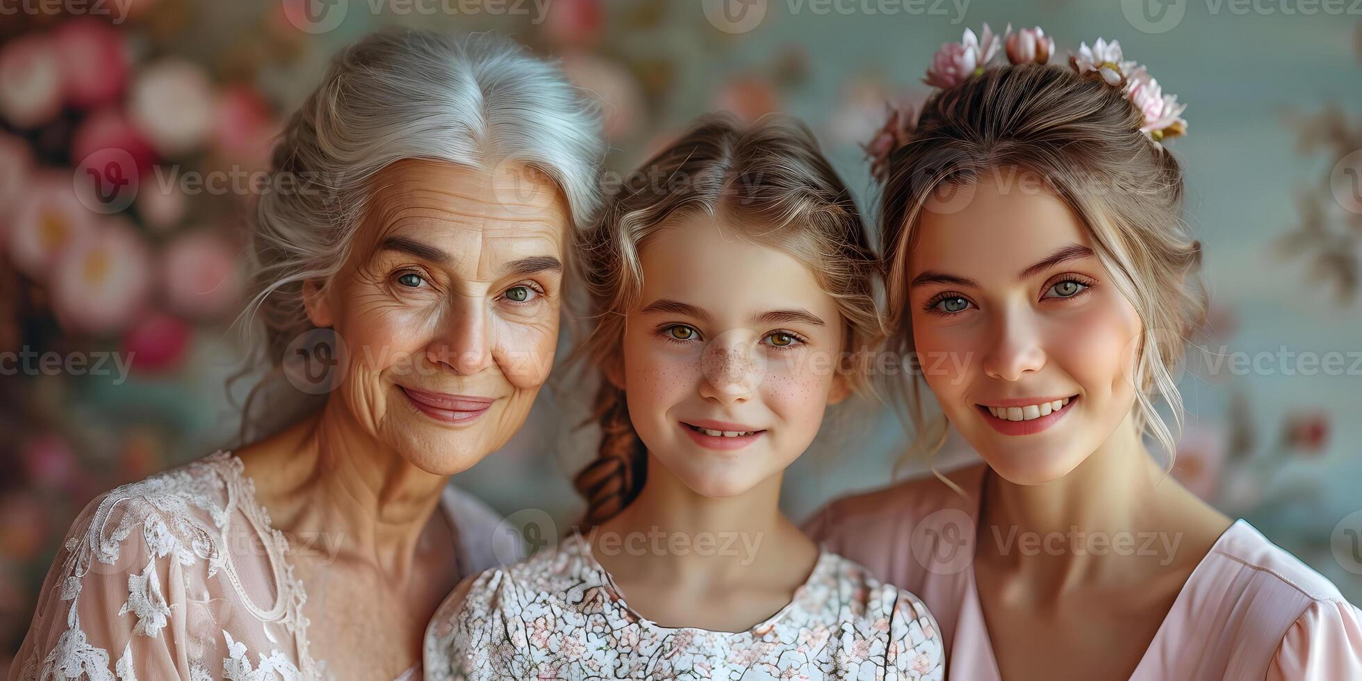 AI generated Portrait of grandmother, mother and kid girl, happy family of three generations hugging with love, tenderness at home, bonding, smiling. Mothers or international womens day concept. photo