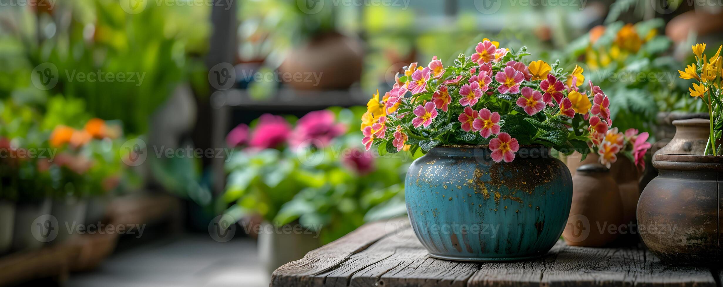 ai generado vistoso jardín flores ollas en de madera mesa. jardinería antecedentes Bosquejo concepto con Copiar espacio. foto