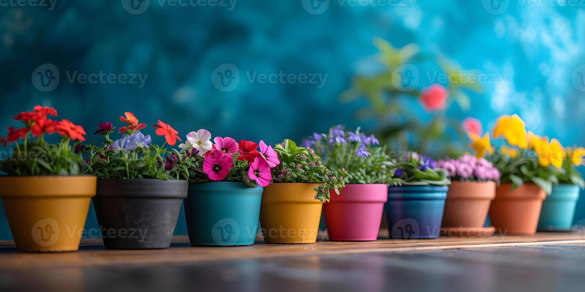 AI generated Colorful garden flowers in the pots on wooden table. Gardening background mockup concept. photo