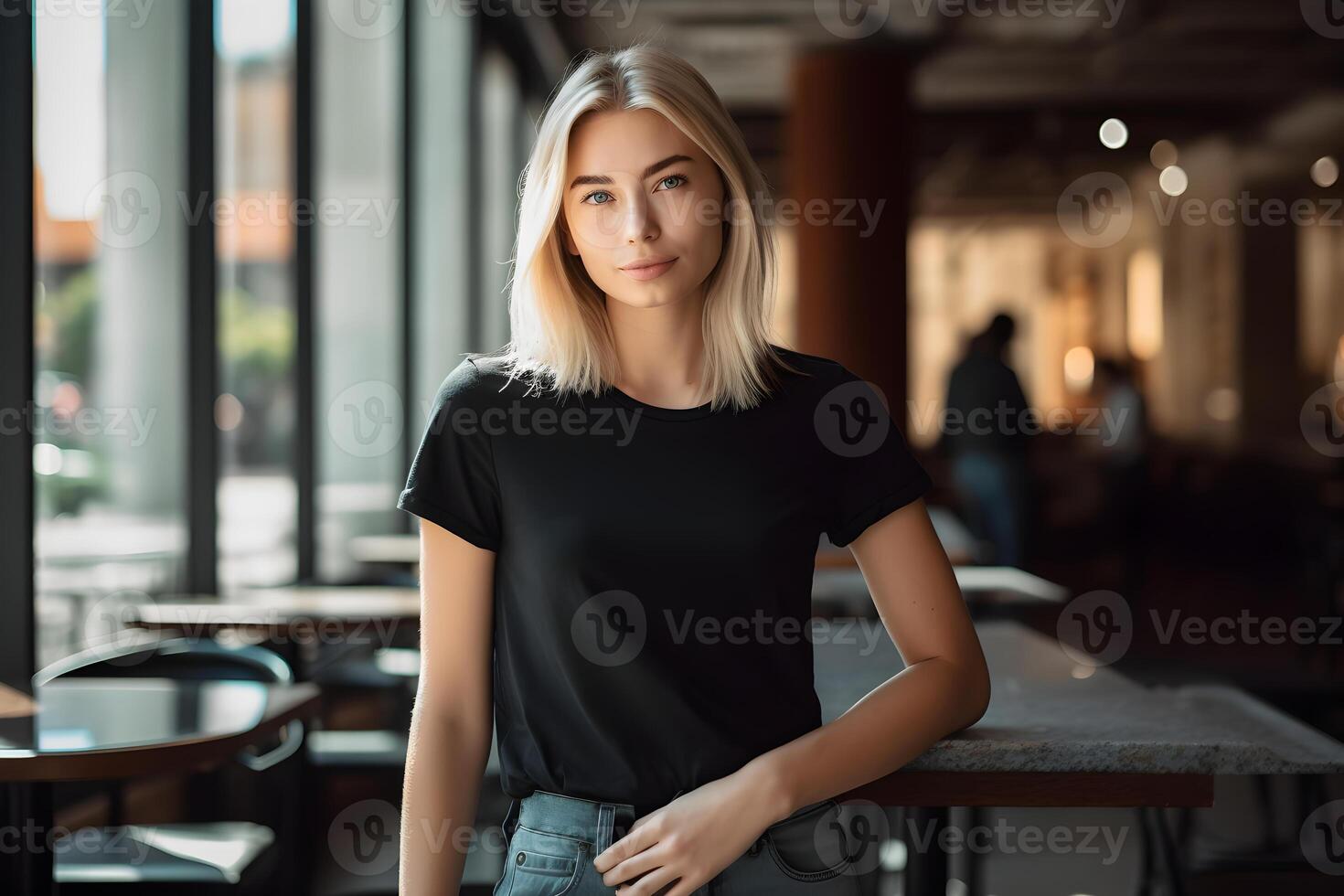 AI generated Young blonde woman wearing bella canvas black t shirt and jeans, at a cozy restaurant on summers day. Design tshirt template, print presentation mockup. Ai generated. photo