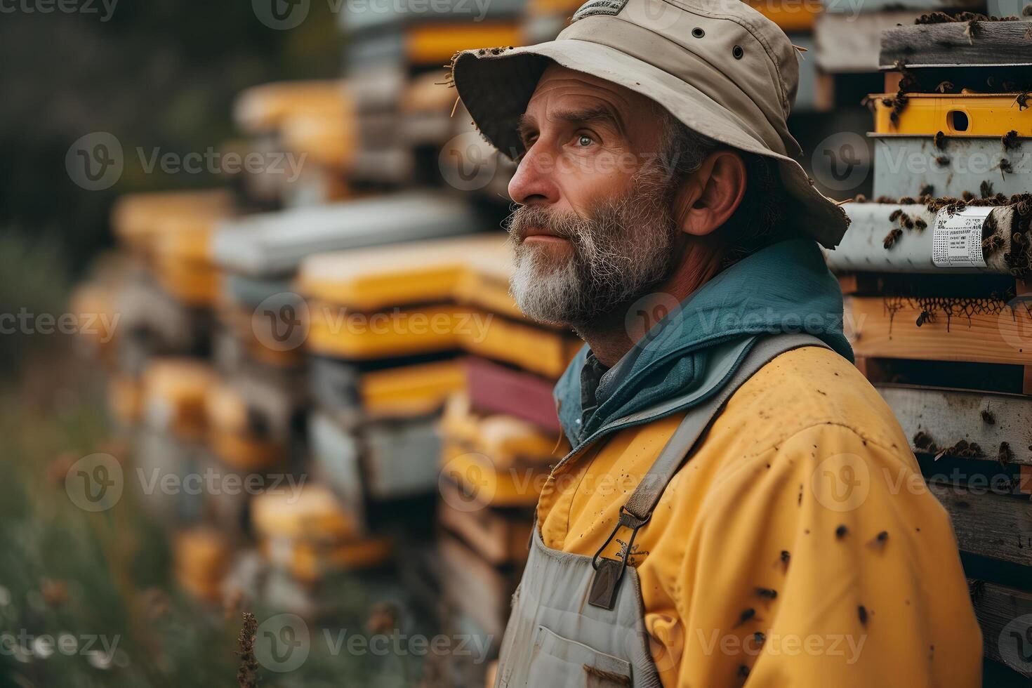 AI generated A beekeeper against the background of beehives on a apiary. Beekeeping, wildlife and ecology concept. Close-up man portrait, spring and summer background with copy space. photo