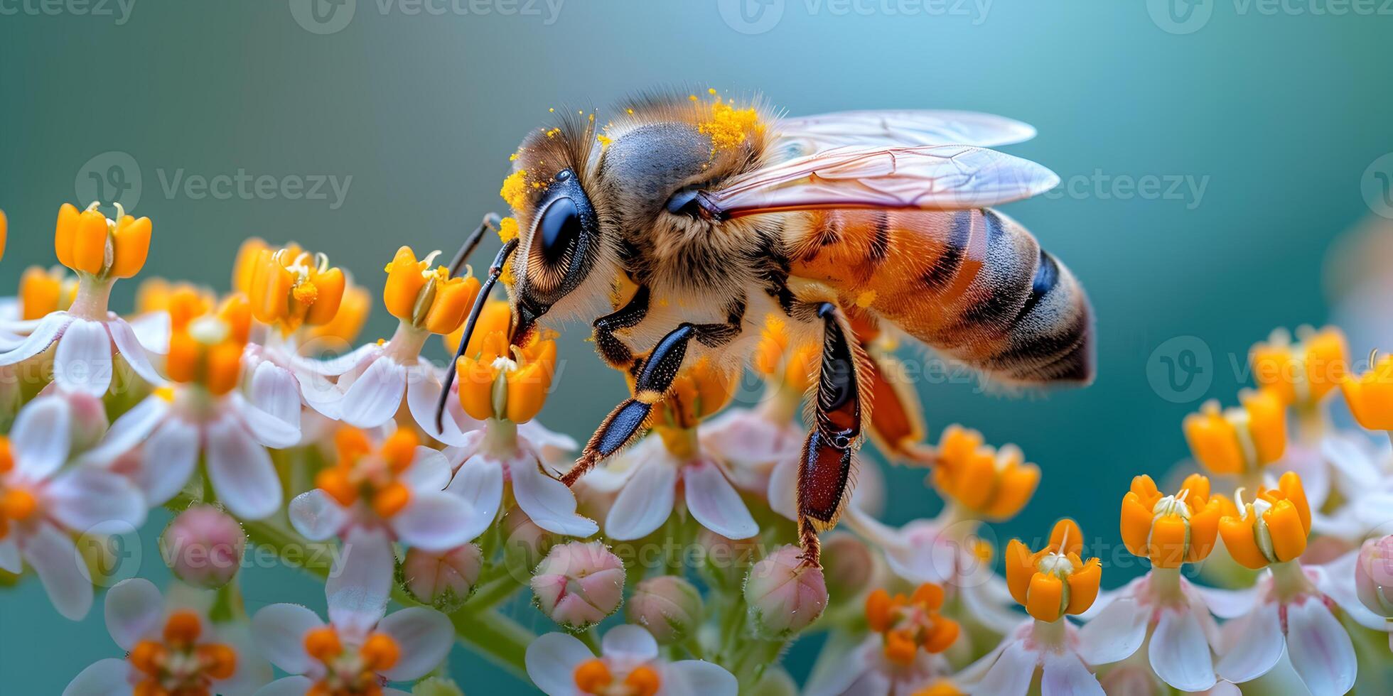 AI generated Honey bee covered with yellow pollen collecting nectar from meadow flowers. Close-up banner, spring and summer background. Beekeeping, wildlife and ecology concept. photo