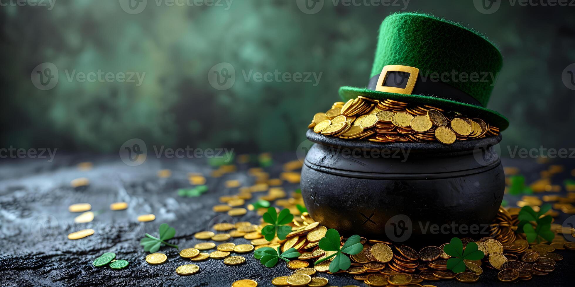 AI generated The Saint Patrick's day black cauldron with golden coins, hat and shamrocks on green background. St. Patrick's Day banner concept with copy space. photo