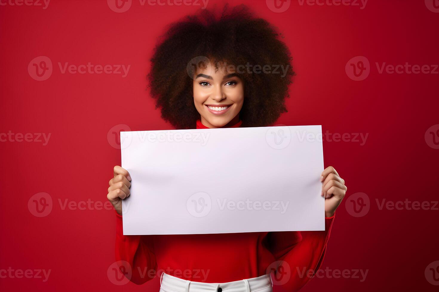 ai generado joven morena mujer participación un blanco cartel o vacío papel firmar bandera en su manos, en rojo antecedentes. diseño póster plantilla, impresión presentación Bosquejo. foto