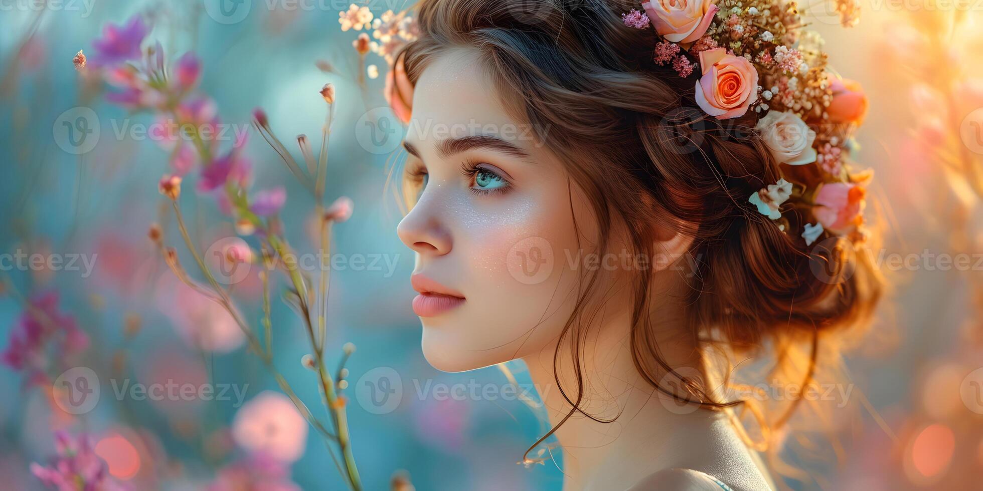 AI generated Female portrait in profile with spring and summer flowers in her head hair, on pastel blue background. Creative International Women's history month day banner with copy space. photo