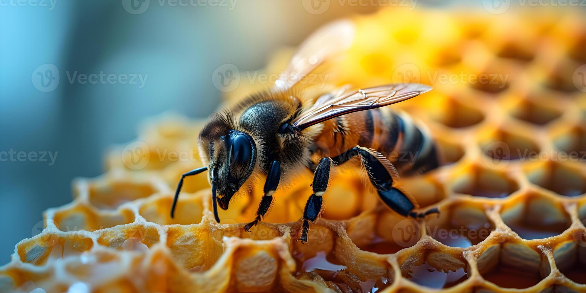 AI generated Honey bee working on honeycomb. Close-up banner, spring and summer background. Beekeeping, wildlife and ecology concept. photo