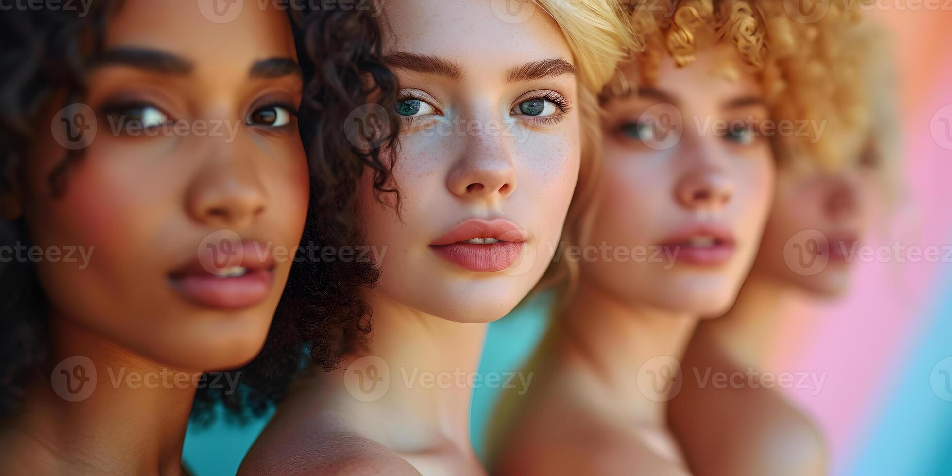 AI generated International Women's History Day banner with many multiracial women of different nationalities and religions. Women's Equality Day, diversity, feminism, concept with diverse women faces. photo